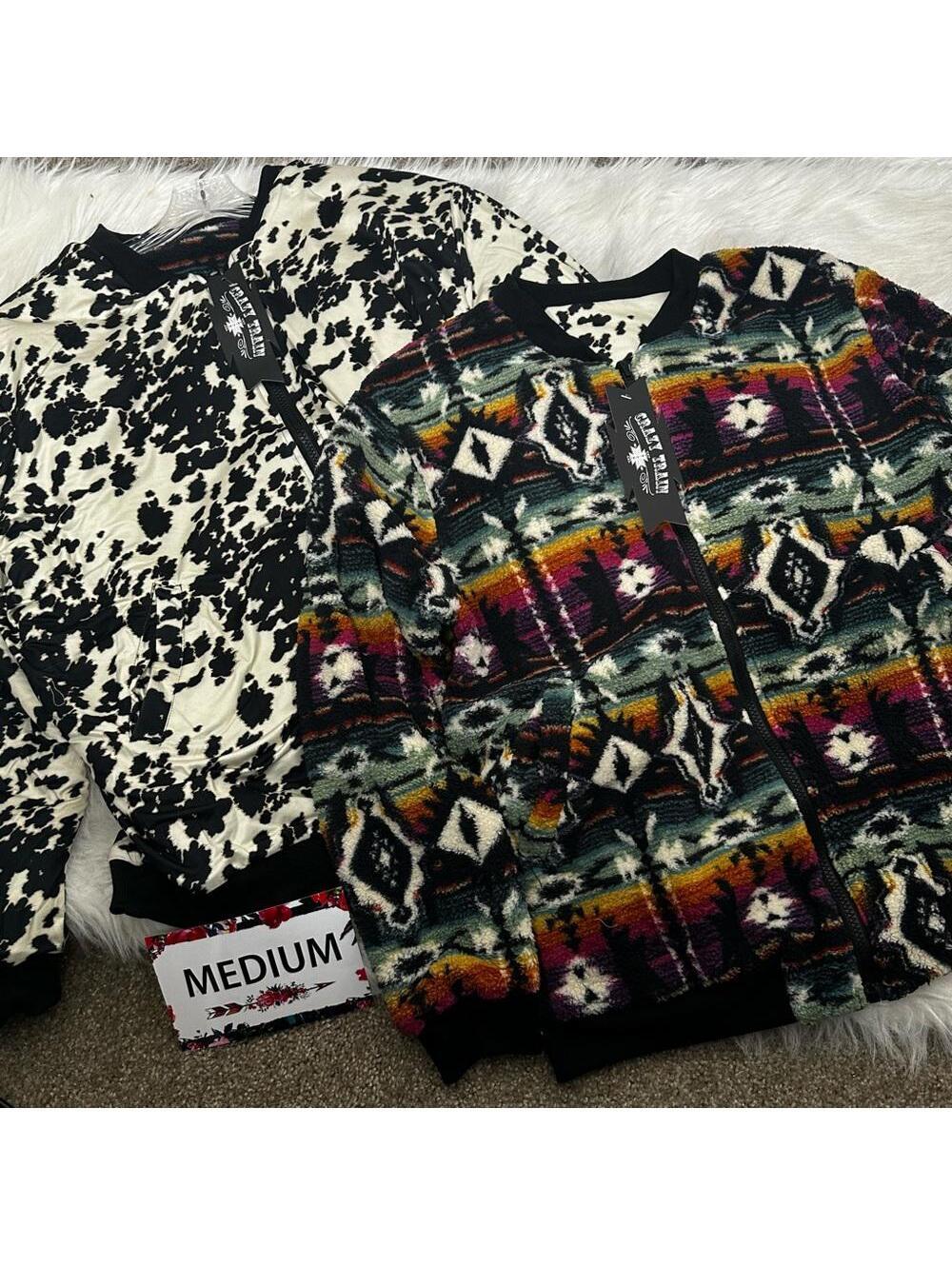 Crazy Train Med. Reversible Fleece Jacket Aztec & Cow Print